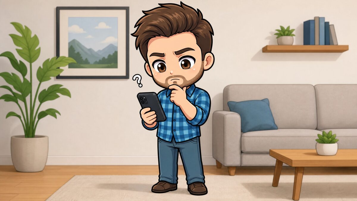 FANZAとは?スマホを見ながら悩んでいる男性