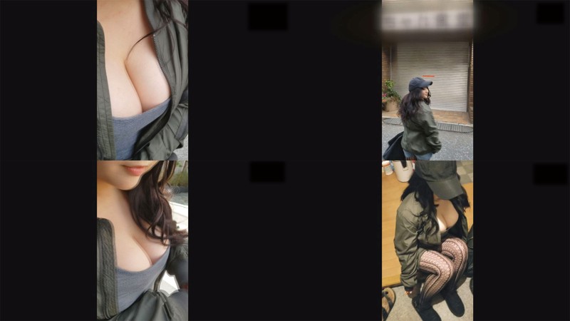 グレートップスからのぞく胸元と、屋外で網タイツ姿でしゃがむ自然体の女性を収めた4カットのサンプル画像