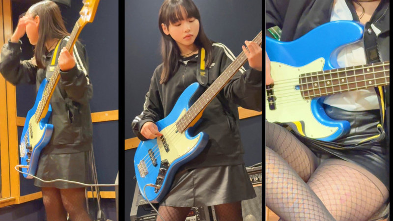 練習スタジオで青いベースを弾く、ジャージと網タイツ姿のとうかを捉えたサンプル画像