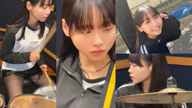 スタジオでドラムセットに向かい、真剣な表情でスティックを握るとうかのサンプル画像