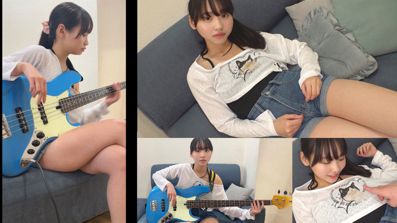 部屋でベースを弾く女性の複数アングルをまとめたサンプル画像。ソファでの自然な表情や白トップスの胸元クローズアップも収録