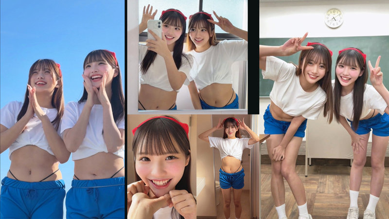 体操着姿のかりん&めるが横たわる男性を挟み、カメラに笑顔を向ける近距離の場面