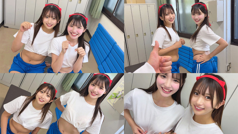 更衣室で白い体操着と青い短パン姿のかりん&めるが、笑顔でポーズを取る4分割画像
