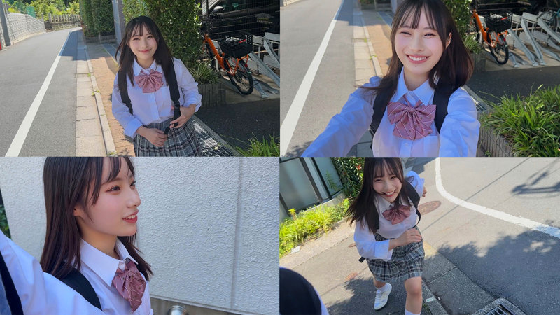 屋外の住宅街で制服風コーデのまま笑顔を見せる、素人感のある待ち合わせシーンのサンプル画像