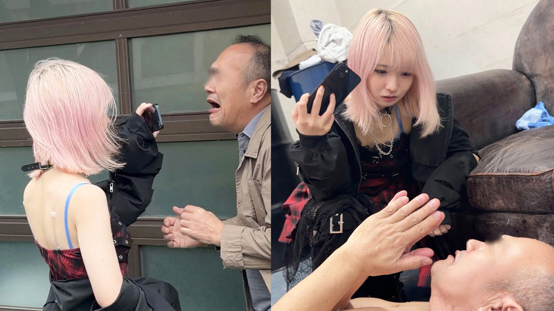 屋外で男性に詰め寄るピンクヘアの女性と、室内ソファで見下ろす構図の2ショットを並べたサンプル画像