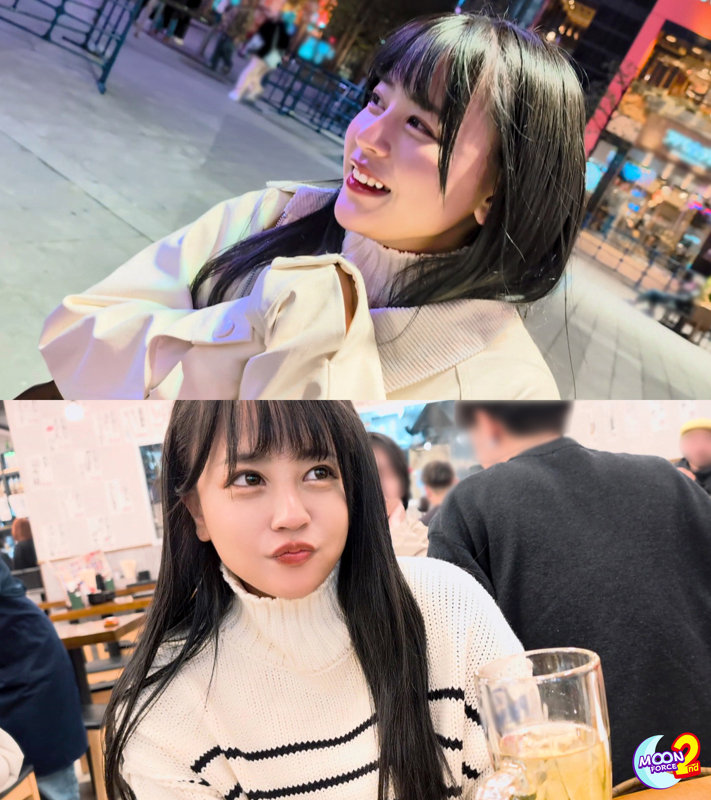 夜の街で淡い色のコートを着て微笑む女性と、飲食店でくつろぐ自然な様子を写した場面