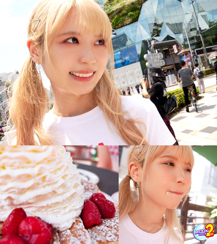 屋外で白いTシャツの金髪ツインテール女性が微笑み、下段に生クリームのパンケーキと口元にクリームがついた横顔が並ぶ